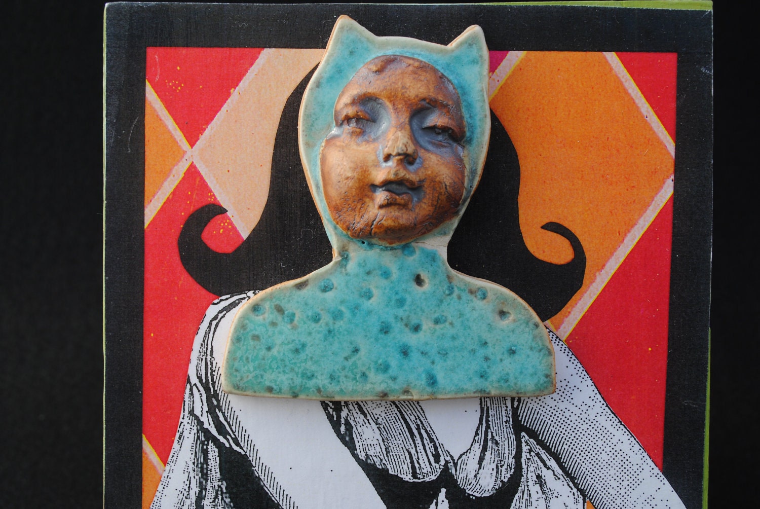 mixed media collage assemblage art block little devil girl