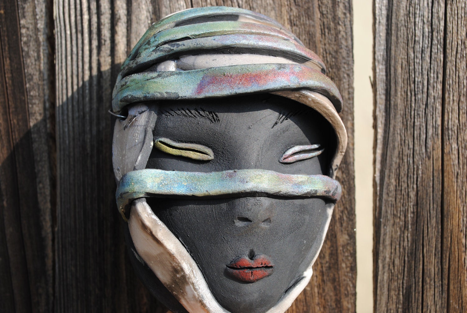 ceramic mask raku sculpture wall decor hanging art face