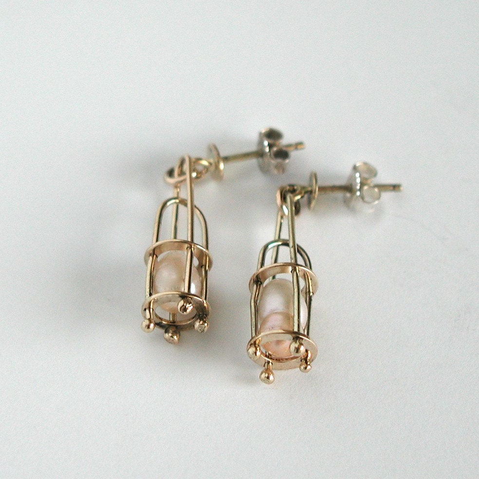 Bridal Wedding Earrings, Wedding Pearl Earrings,Rose Gold Earrings, Gold & Pearl Wedding Earrings, Pierced ears, 14k rose gold "Laterns"