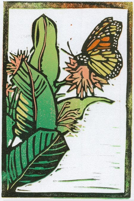 Monarch and Milkweed Linocut