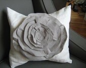 French Rose Linen Pillow in White with Grey Rose