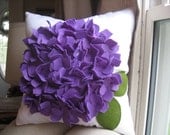 Hydrangea Pillow in White Linen and Purple Felt Bloom