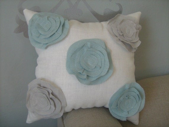 Stuffed Morning Dew Garden Rose Pillow in French Blue and Robin Egg Blue Linen