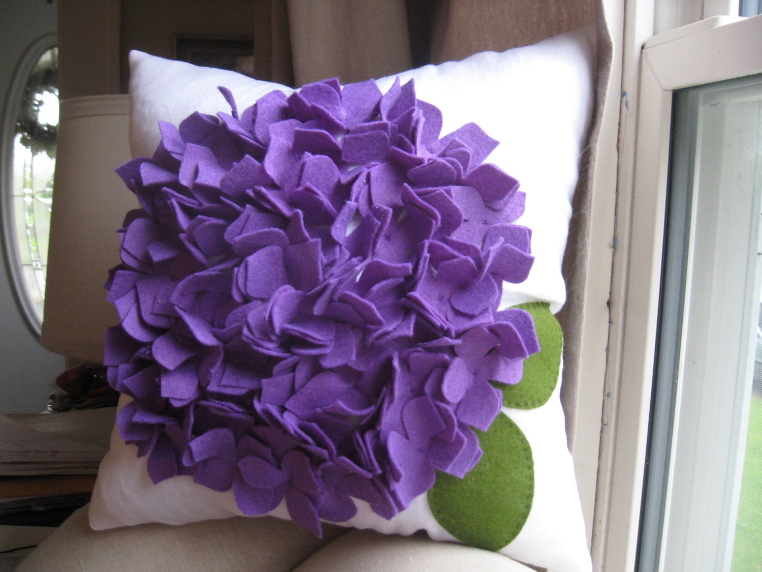Hydrangea Pillow in White Linen and Purple Felt Bloom