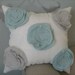 Stuffed Morning Dew Garden Rose Pillow in French Blue and Robin Egg Blue Linen