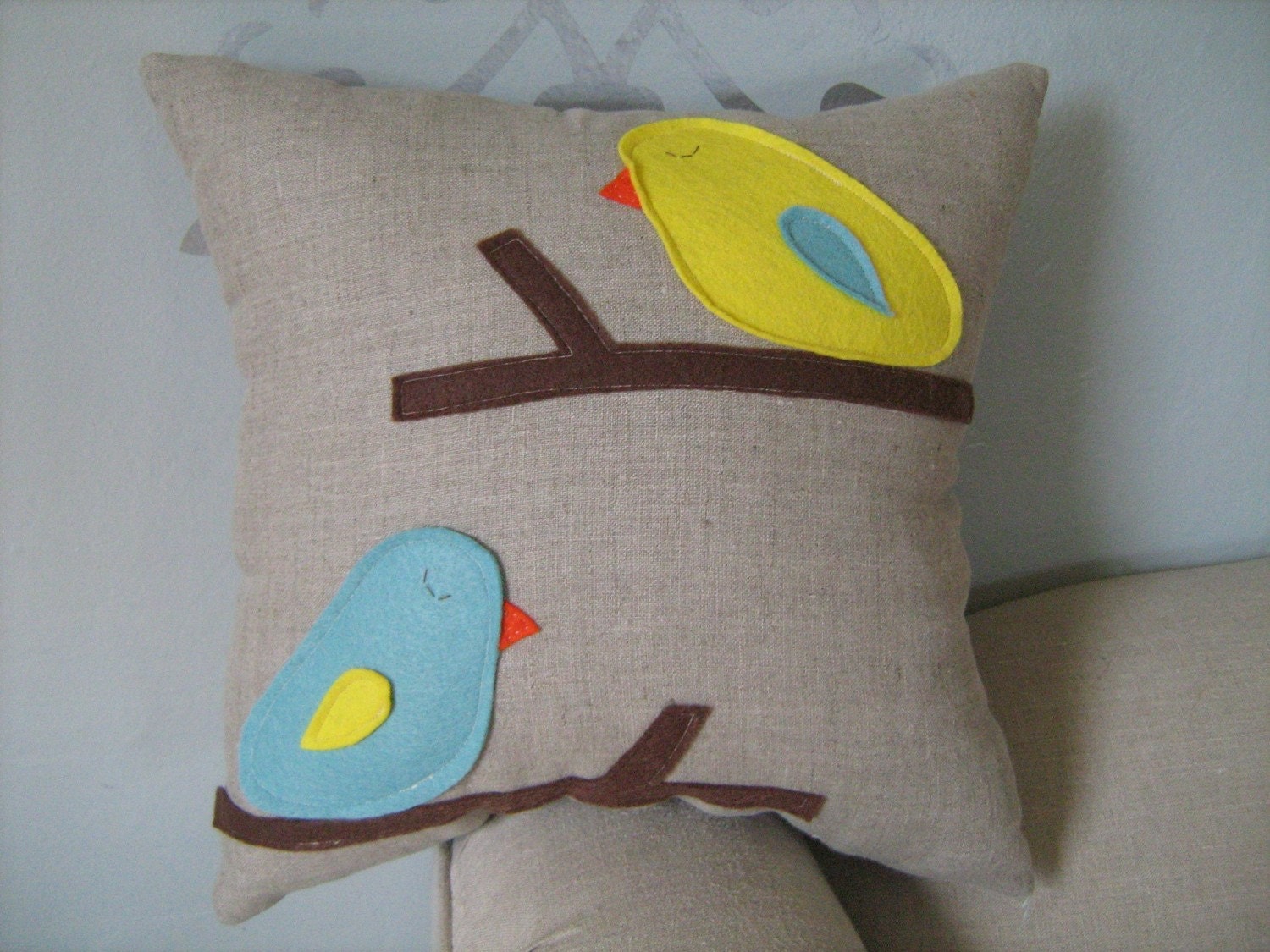 Hello Up There Bird Pillow in Yellow and Tiffany Blue