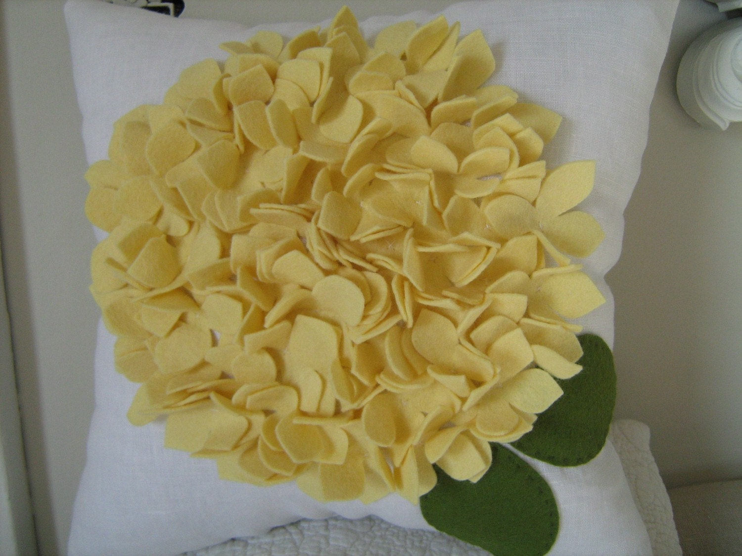 Hydrangea Pillow in White Linen and Light Yellow Bloom