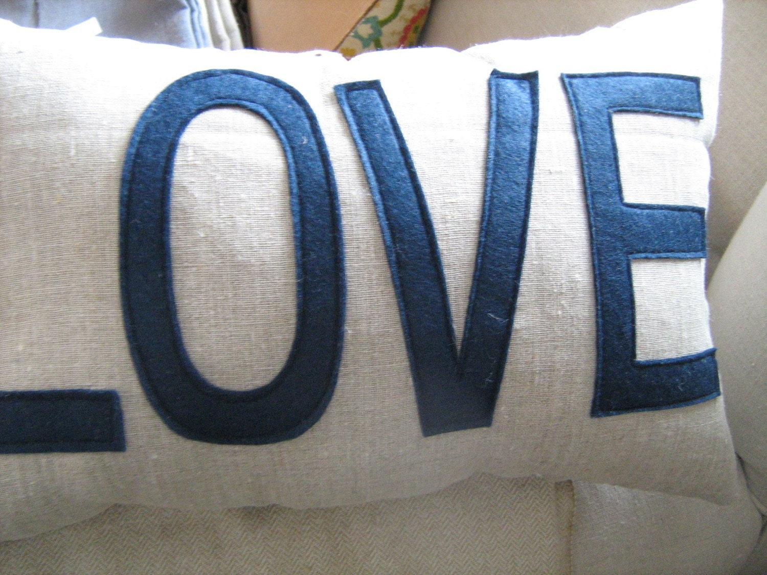 Love Pillow in Oatmeal Linen and Navy Felt