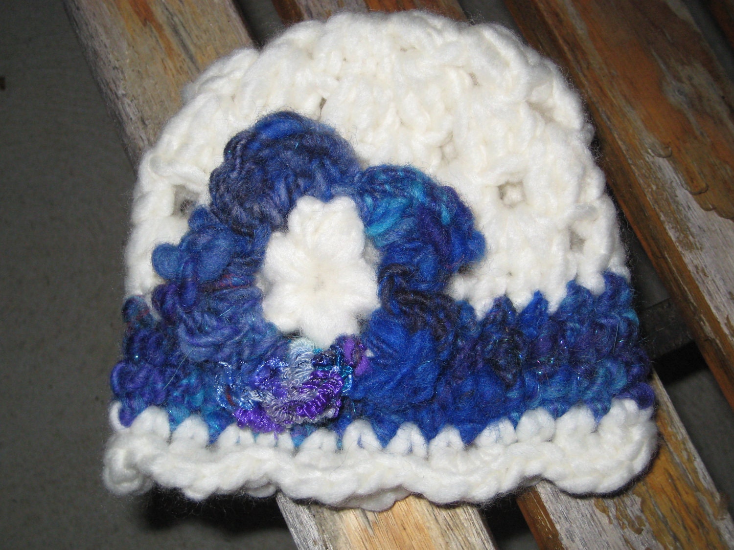 White crocheted beanie hat for newborn mixed fiber trim