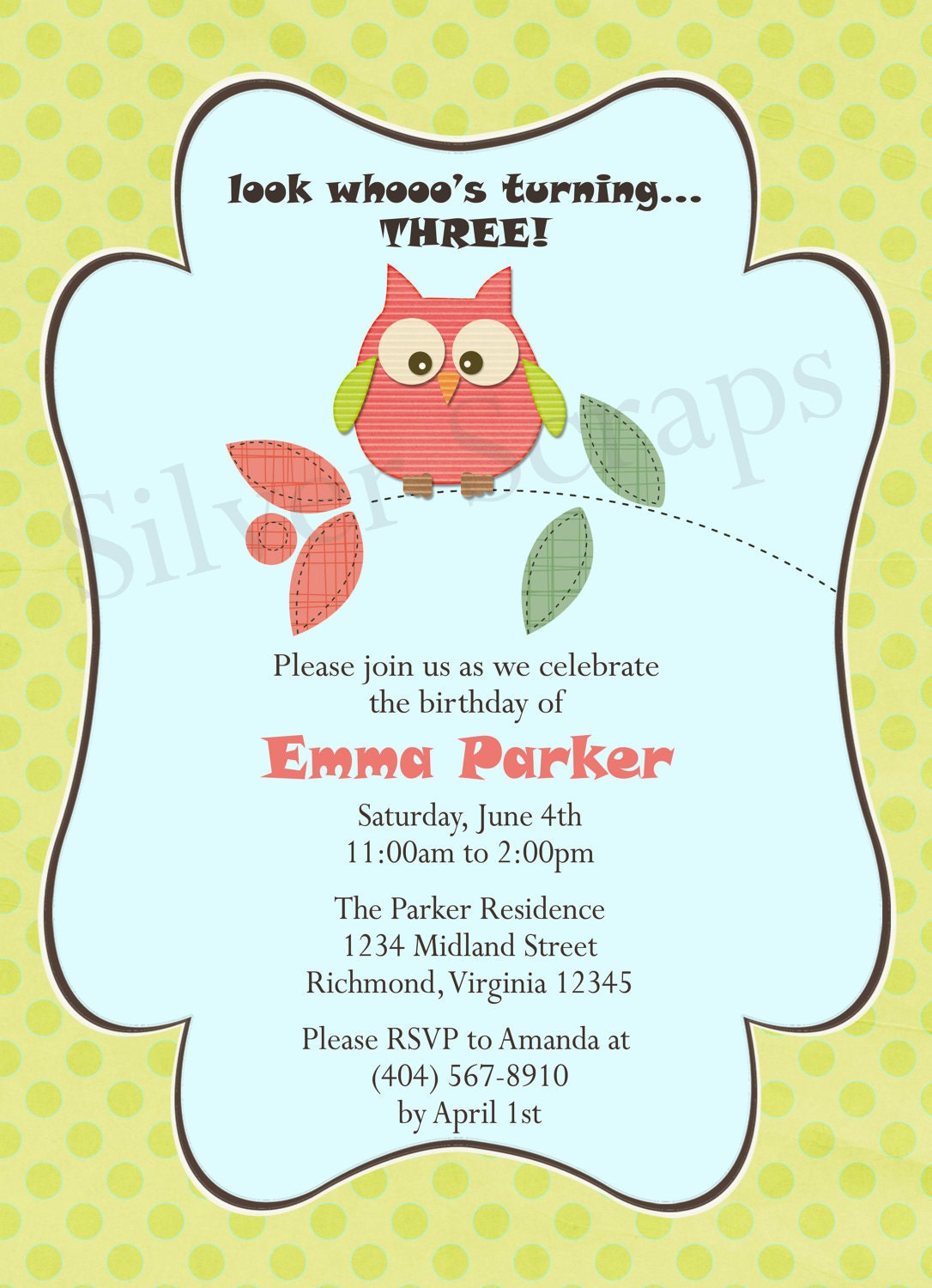 Look Whooo's Having a Birthday Custom Digital Owl Invitation -Girl Orange Lime Green Pink Blue Brown Grey Flower Baby Shower - 5 Designs