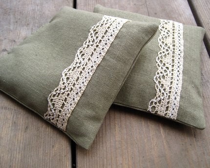 Balsam Sachets in Khaki Linen with Vintage Rustic Lace SET of 2 - Eco Friendly Decor, Scented Drawers, Aromatherapy, Hostess Favours