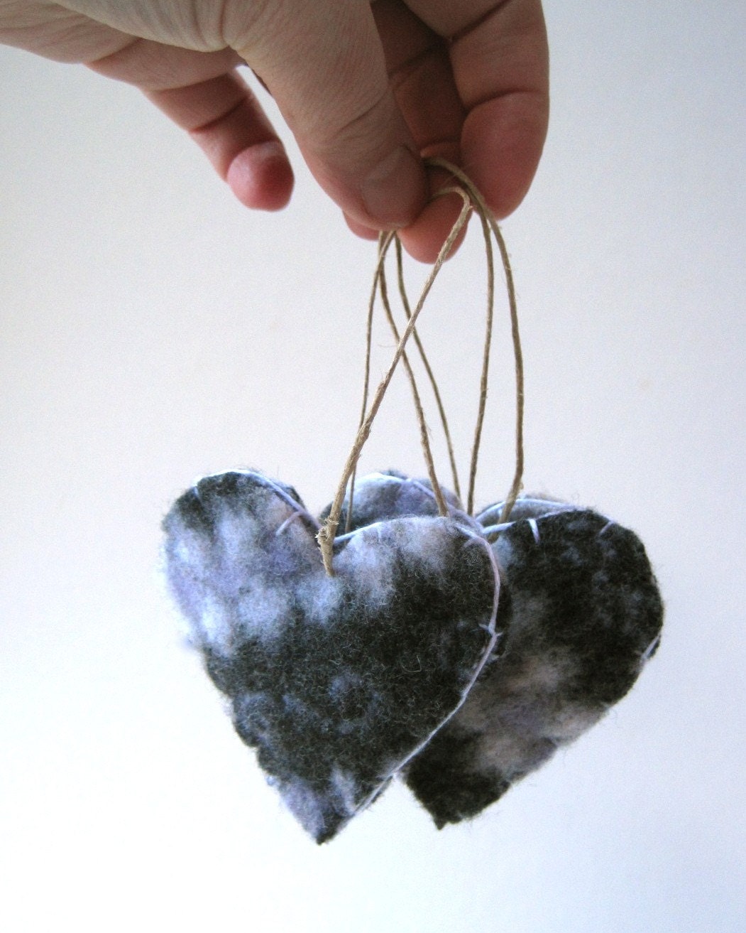 Heart Felts SET of 3 in Alpine Nordic Gray Wool - Home Decor - Love Hearts Ornaments in Silver and Lavendar Purple (1 set only)