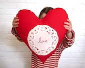 Embroidered Heart Pillow - Home Decor Cushion - Red Love On White Linen Battenburg Lace - Valentine's Day Gift idea