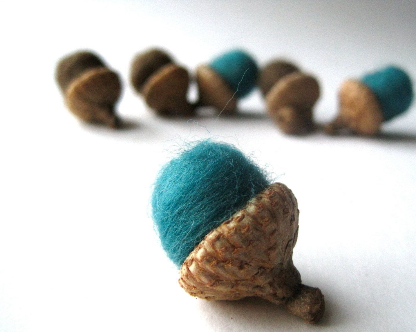 felted acorns in teal blue and rustic brown wool set of 12  / woodland forest eco friendly home decor