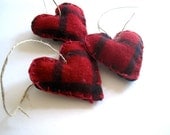 Lumberjack Heart Felts SET of 5 - Wool Heart Ornaments in Red Plaid - Eco friendly Love