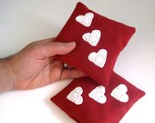 Love Balsam Sachets with Crocheted Hearts SET of 2 - Red Linen with Aromatic Balsam Fir - Valentine's Day Gift for your Wife, Mother