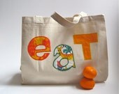 Organic Tote Bag for the Market in orange / eco friendly summer food bag with fabric letters (ONLY 1 - ready to ship)