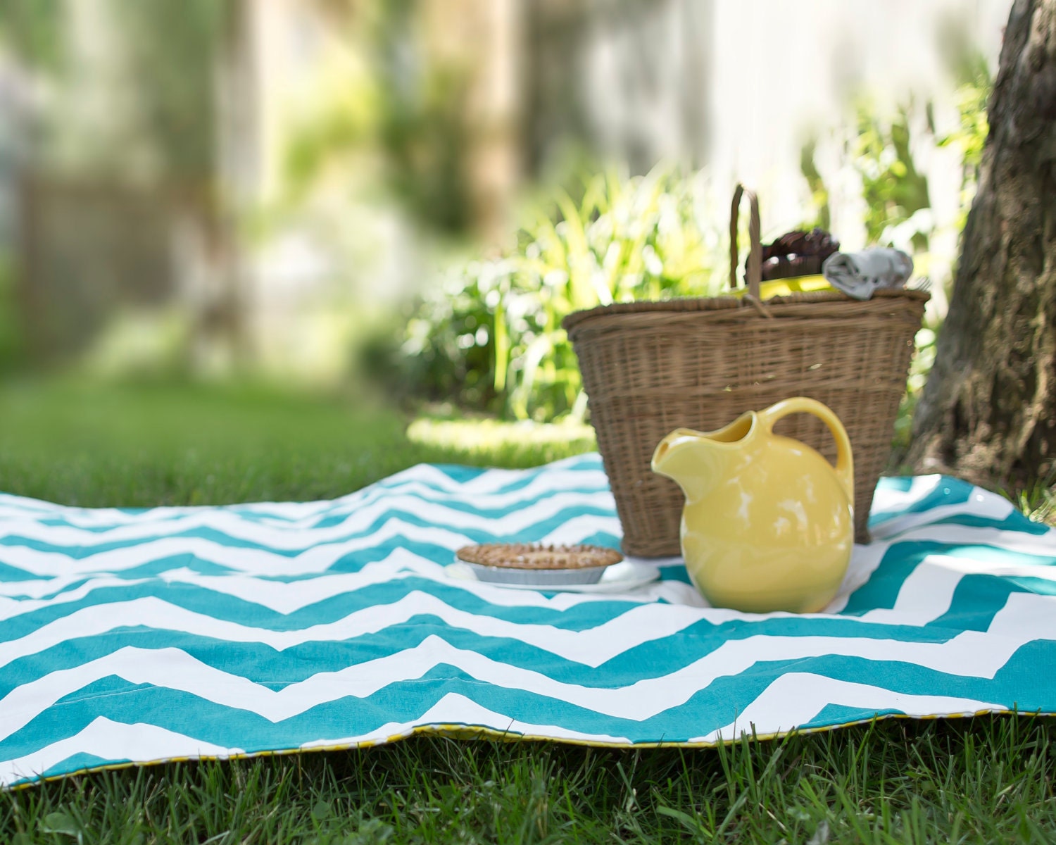 Waterproof Picnic Blanket in Geometric Chevron Teal Green - Eco Friendly Summer Portable Outdoors Family Beach Blanket (Ready to Ship) - SewnNatural