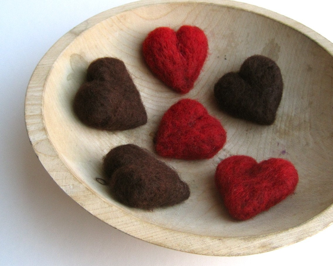 Heart Felts - SET of 6 Wool Needle-Felted Home Decor Pebbles - Rhubarb Red and Chocolate Brown Love - SALE