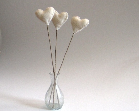 home decor hearts flowers stems SET of 3 / creamy white opal eco friendly table decorations