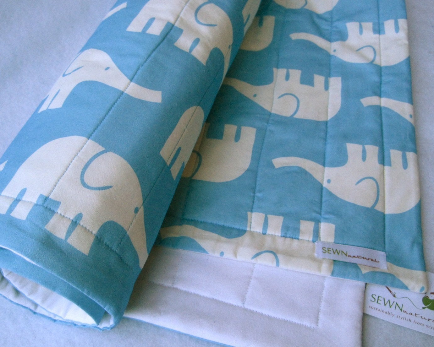 ORGANIC baby quilt / modern turquoise blue elephants crib bedding quilted blanket