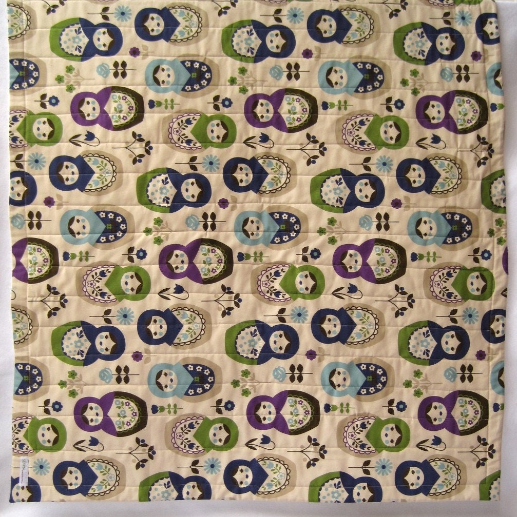 eco organic baby quilt and toddler bedding / Japanese matryoshka dolls in blue, green and purple