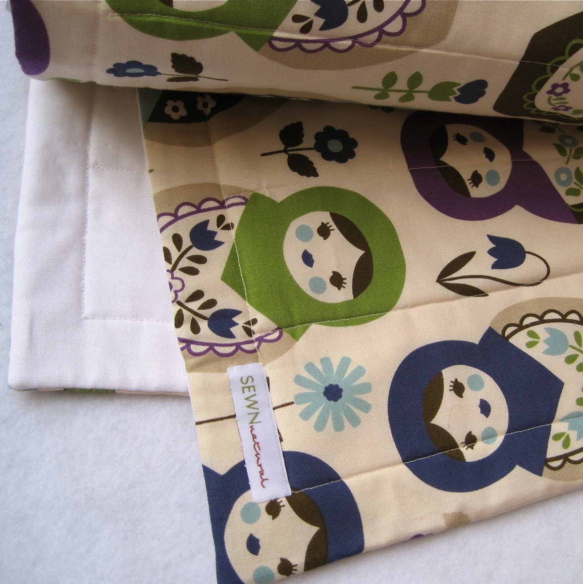 eco organic baby quilt and toddler bedding / Japanese matryoshka dolls in blue, green and purple