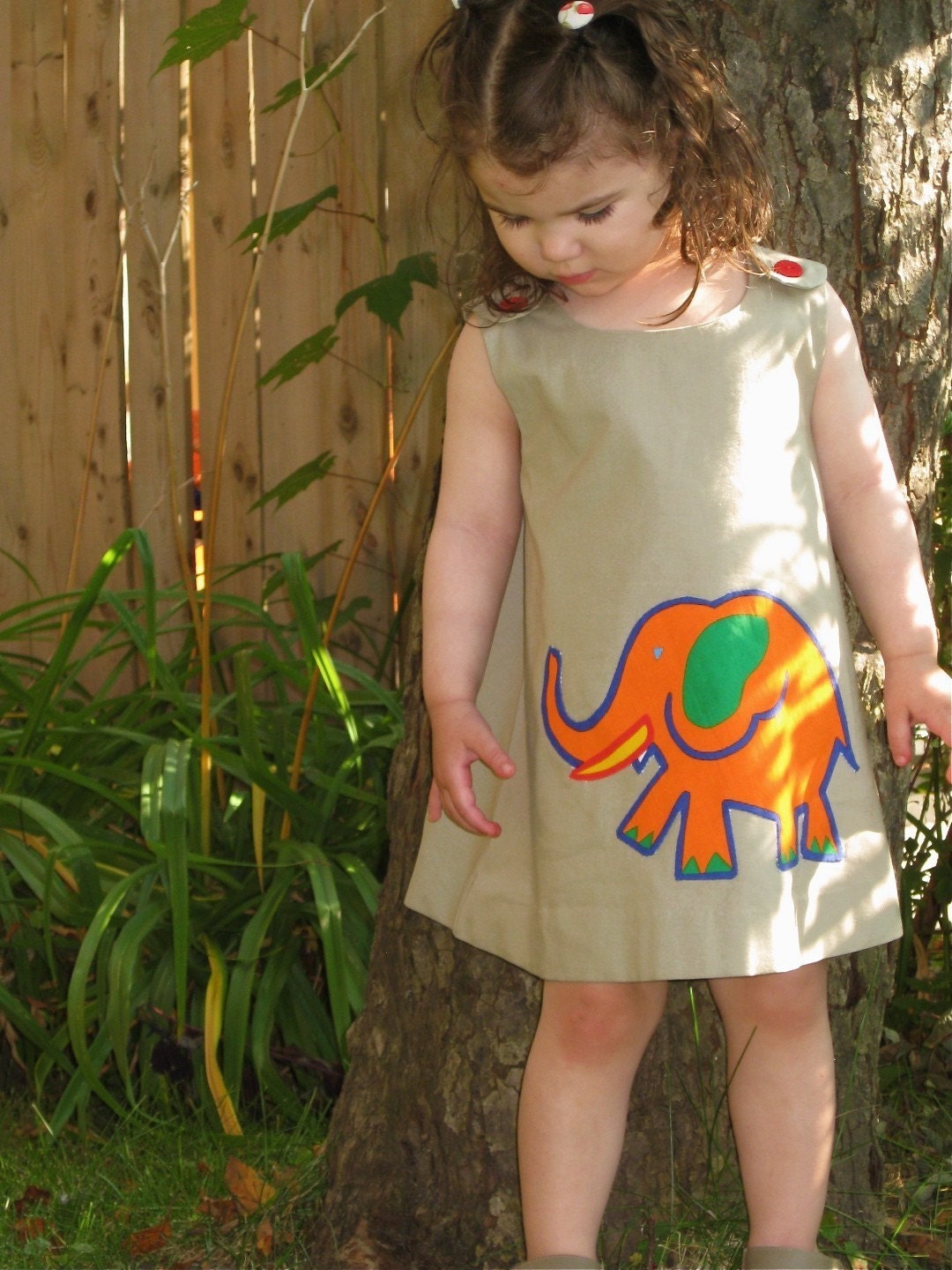 organic girls dress with golden orange vintage elephant / indie custom kids clothing