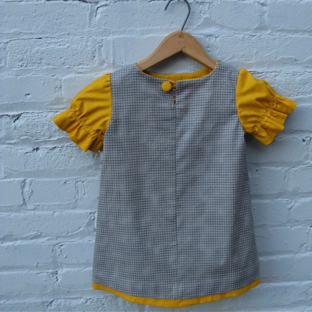 The Audrey Dress - Girls Dress in Retro Style Yellow Gold and Gray with Box Pleats - Handmade Indie Kids Fashion (Ready to Ship 3T 4T)