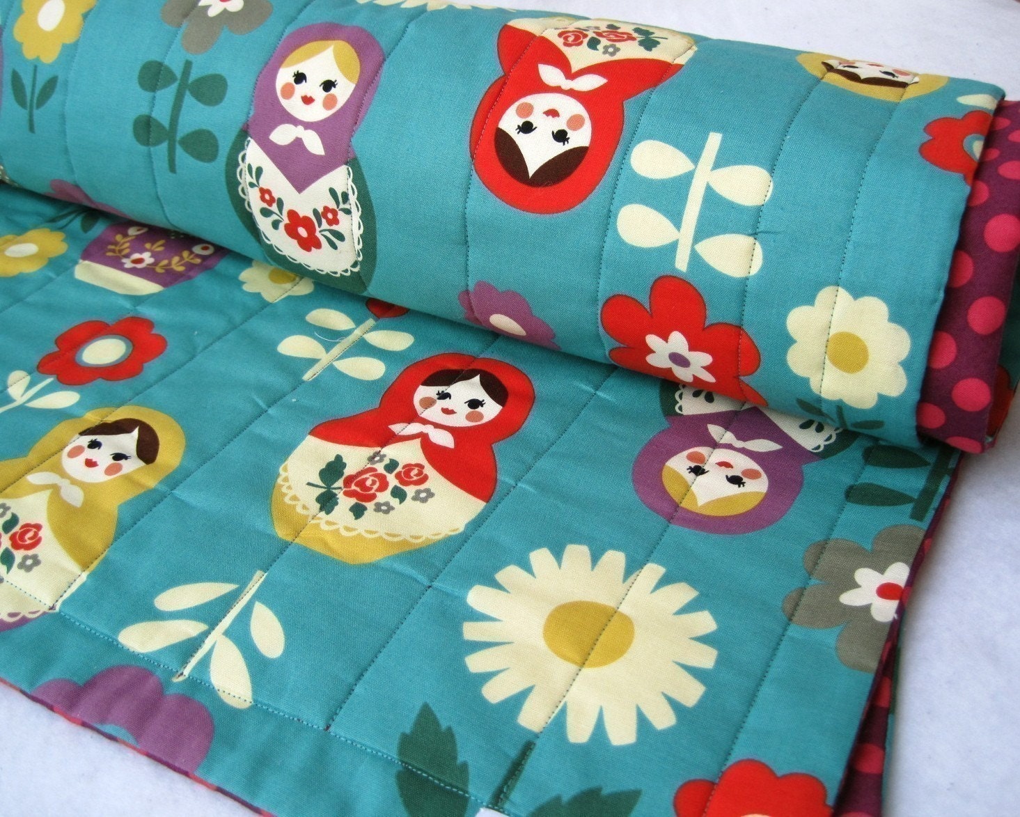 matryoshkas baby turquoise quilt / Russian nesting girls dolls bedding with organic batting (limited edition)