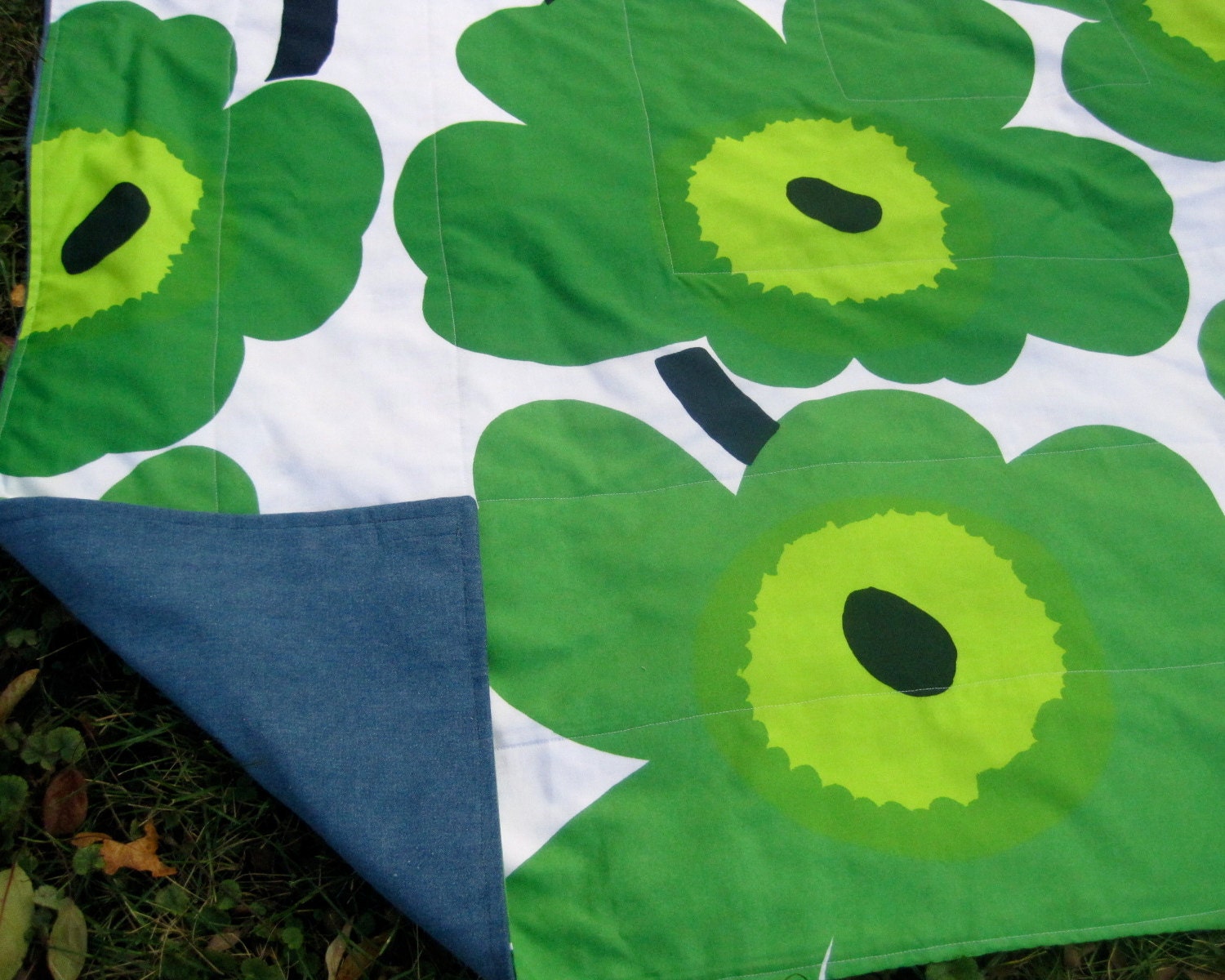 Marimekko PICNIC Blanket - Summer Beach Outdoors Food Blanket in Grass Lime Green Giant Flowers Poppies (Last 1) Wedding Gift Idea