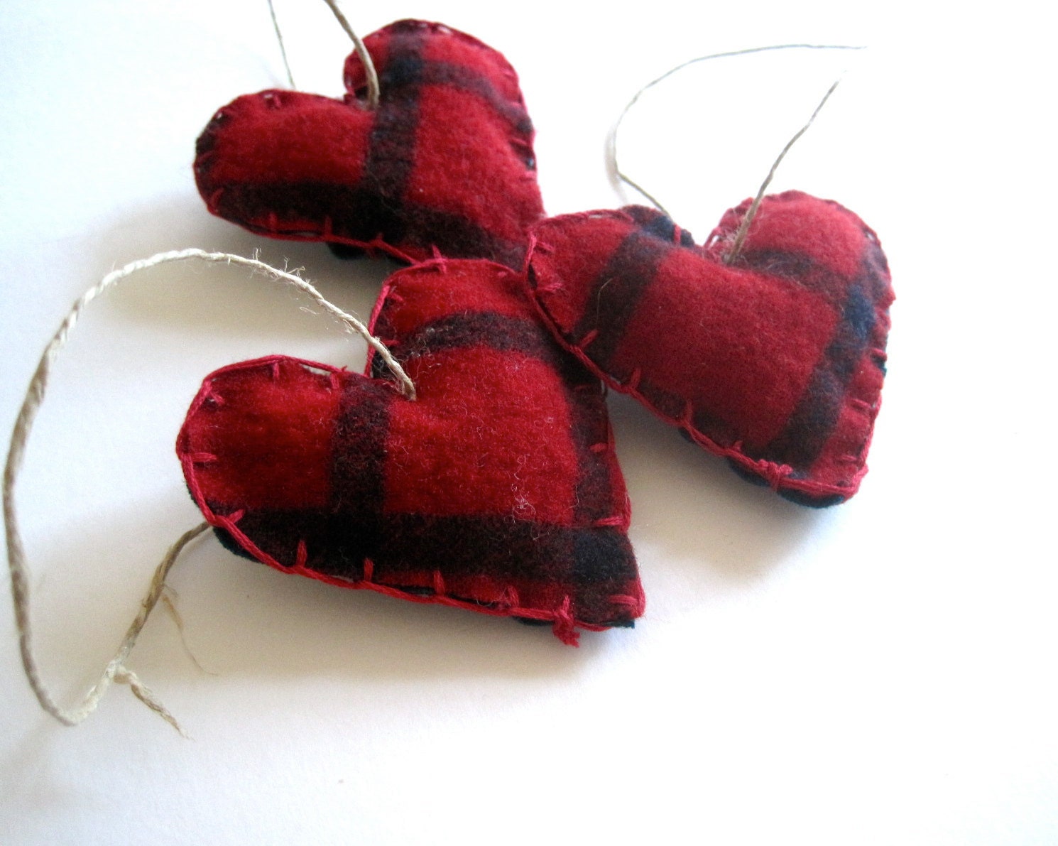 Lumberjack Heart Felts SET of 5 - Wool Heart Ornaments in Red Plaid - Eco friendly Love