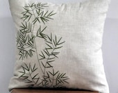 BambooThrow  Pillow Cover - 18" x 18" Decorative pillow cover - Linen Pillow Cover with Green Bamboo Embroidery