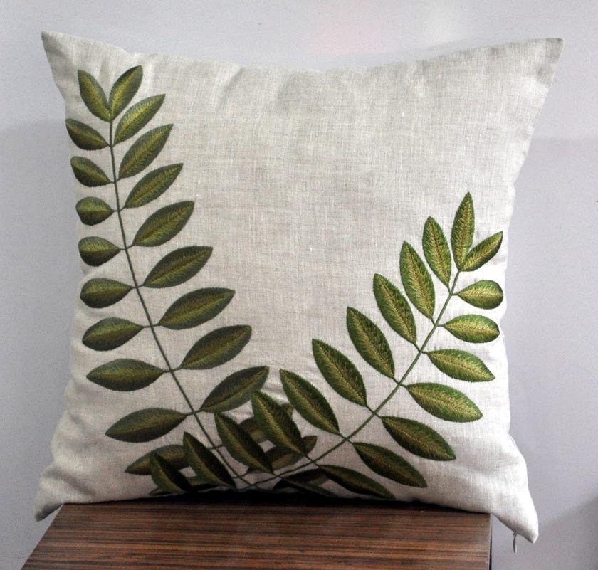 Throw  Pillow Cover 18 x 18, Decorative Pillow Cover, Linen Pillow Cover with Green Acacia Leaves , Linen Accent Pillow, Green Cushion Cover