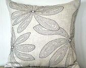 Havana Leaves Pillow Cover, Decorative Throw Pillow Cover, Linen Fabric with Brown Leaves, Embroidered PIllow Cover, Pillow Case 18 x 18