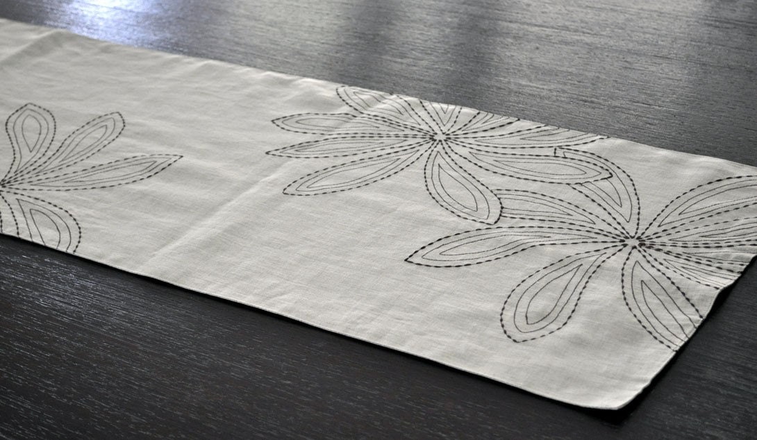Brown Table Runner, Linen Table Runner 14" x 64", Brown Havana Leaves Embroidery on Natur al Linen, Long Table  Linen, Tabletop