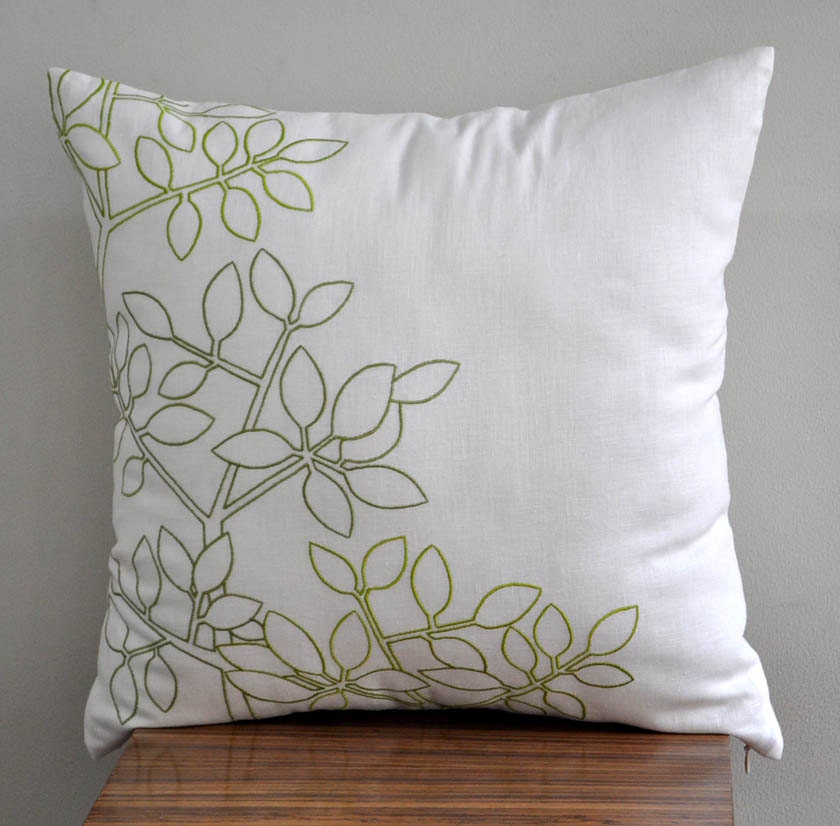 Twig Leaves Throw  Pillow Cover, Decorative Pillow Cover, Cream Linen with Fresh Green Leaves, PIllow Case 18 x 18, Cream Pillow Accent