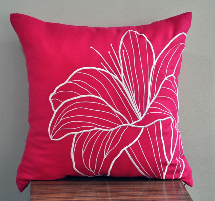 Fuchsia Pink Throw Pillow Cover, Decorative Pillow Cover 18x18, White Lily Fuchsia Pink Linen Pillow, Pink Floral Pillow, Pillow Accent Pink