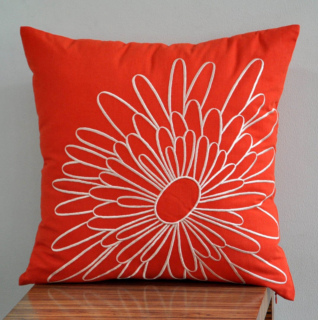 Orange Magnolia Pillow Cover, Decorative Pillow Cover, Beige Flower on Red Orange Linen, Throw Pillow Cover, Orange cushion cover - KainKain