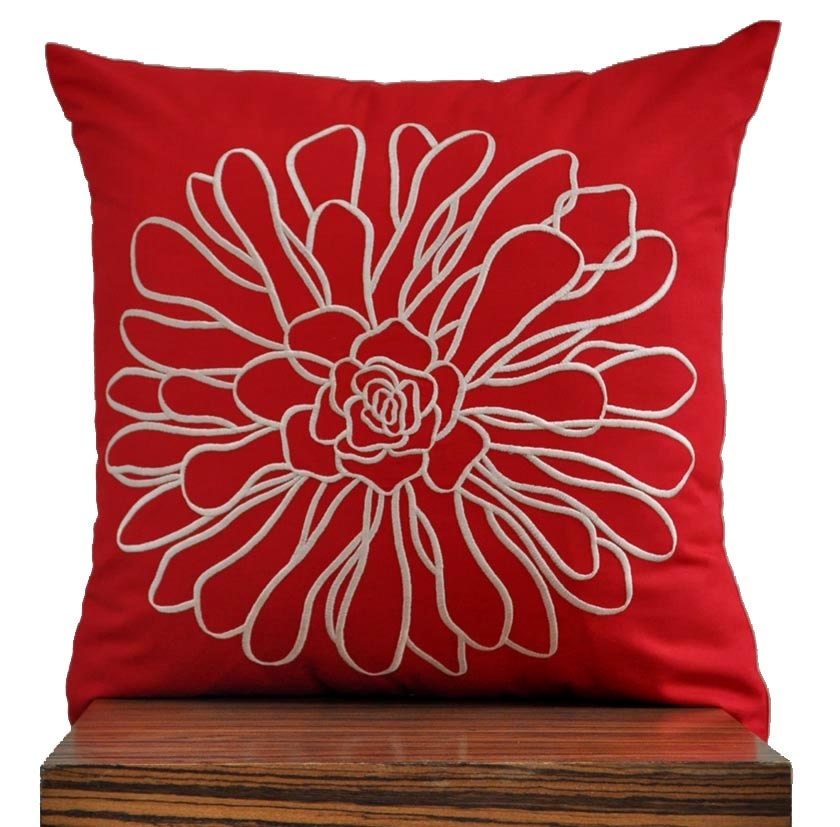 Beige Chrysant Decorative Throw Pillow Cover, 18 x 18 Pillow Cover, Red Linen with Beige Flower,Embroidered Pillow Cover, Red Cushion Cover