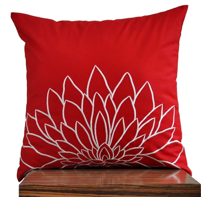 Red Pillow Cover, Decorative Throw Pillow Cover, Off white Sunflower Embroidery on Red Linen Pillow, 18 x 18 Pillow Case, Red Pillow Accent