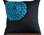 Deep Teal Flock Flower Pillow Cover,  Decorative Throw Pillow Cover, Deep Teal FLower Embroidery on Black Linen PIllow, 18 x 18 Pillow Cover