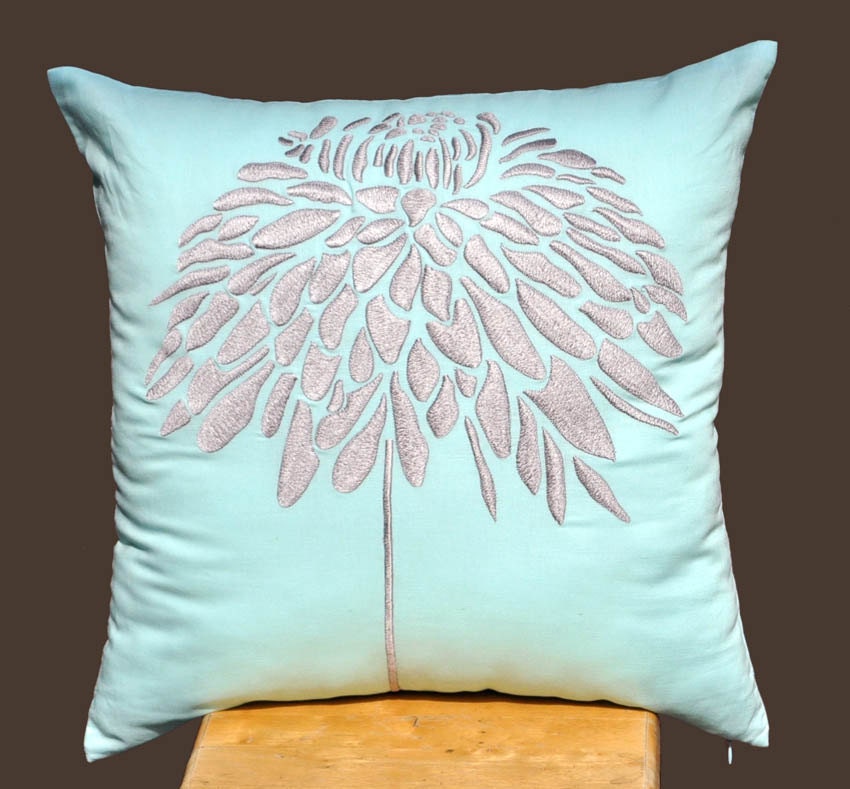 Blue Gray Pillow Cover, Throw Pillow Cover 18 x 18, Light Blue Linen Gray Peony,  Embroidered Pillow, Linen Pillow, Cushion Cover