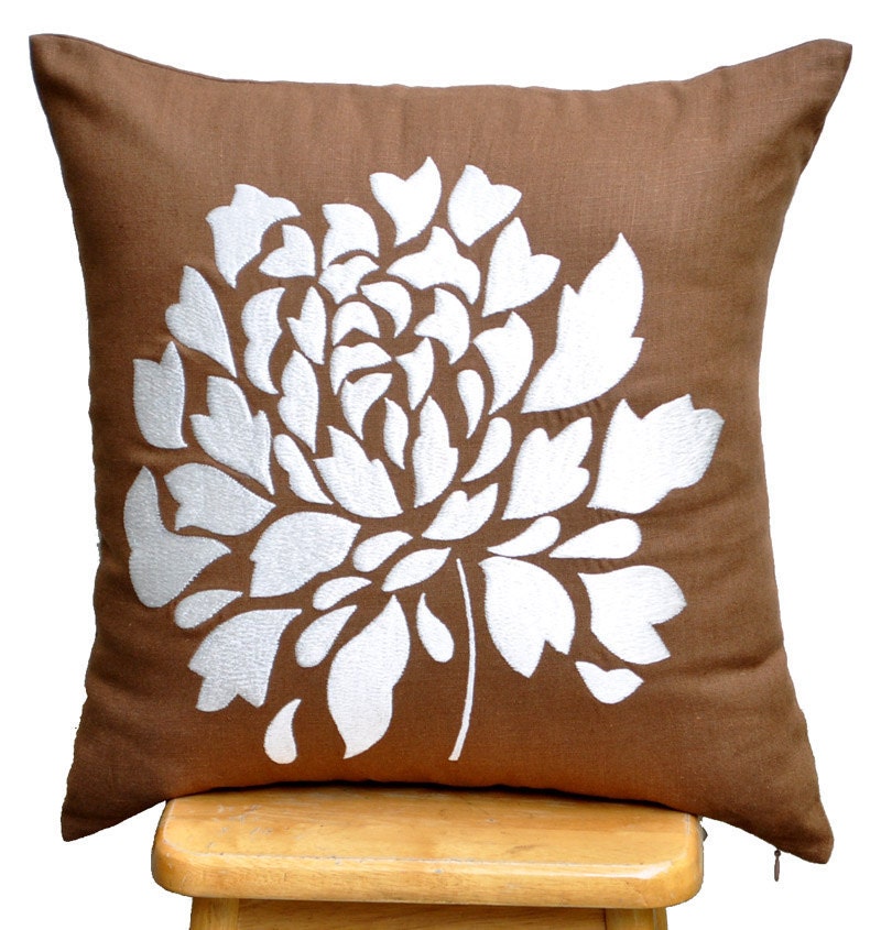 Off White Dahlia - Throw Pillow Cover - 18" x 18" Decorative Pillow Cover -  Russet Brown Linen Pillow Cover with Dahlia Embroidery