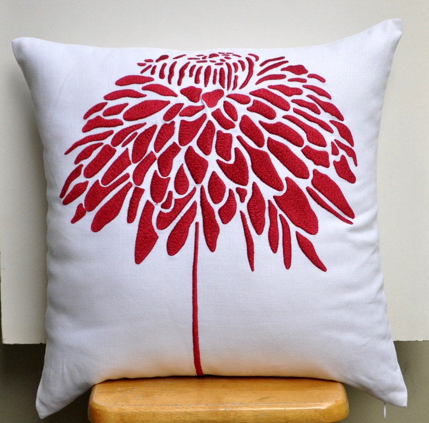 Peony Flower Decorative Pillow Cover, Red Floral Pillow, Accent Pillow White, Embroidered Pillow Case, 18 x 18 pillow cover square
