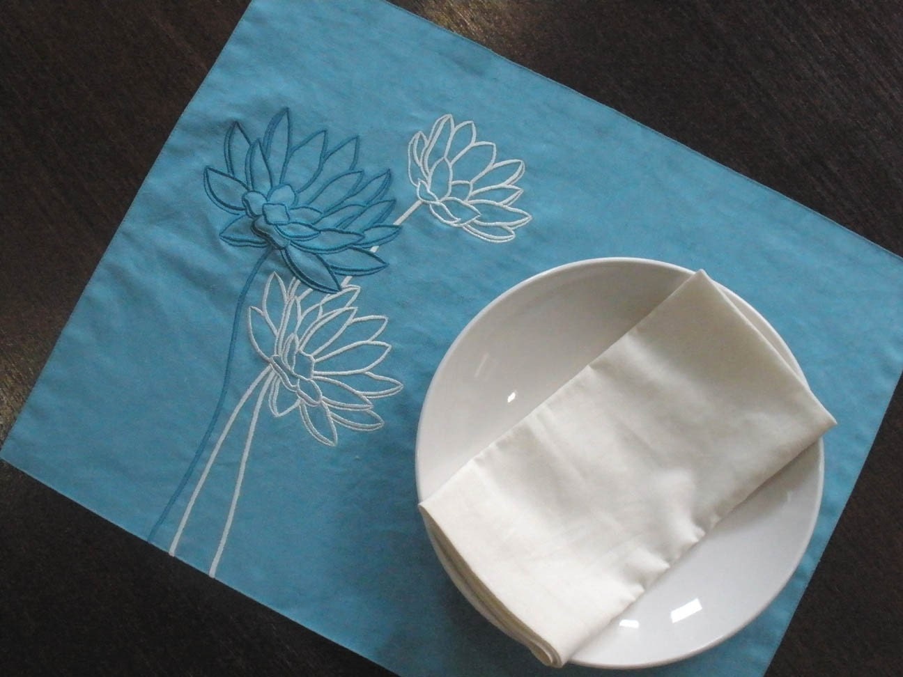 Items similar to Lotus Embroidery Placemat Teal Cotton Linen with