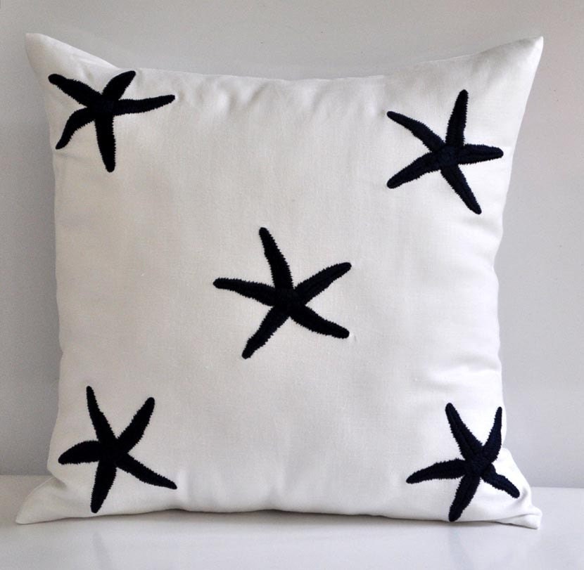 Navy Blue Starfish Throw Pillow Cover, Decorative Pillow Cover, White Linen Navy Blue Starfish, Pillow Case 18 x 18, Beach Cushion Cover