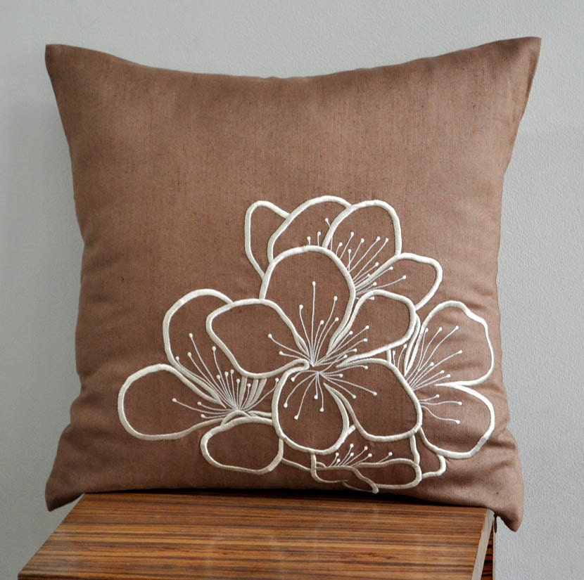 Hibiscus Throw Pillow Cover - 18" x 18" Embroidered Decorative Pillow Cover - Medium Brown Linen Fabric with Beige Flower Embroidery