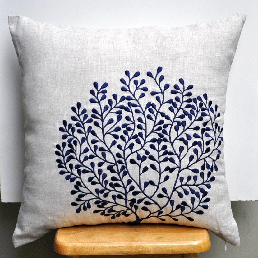 Coral Fan Throw Pillow Cover, Decorative Pillow Cover 18 x 18, Linen Pillow with Navy Blue Coral, Nautical Pillow Case, Blue Coral Cushion