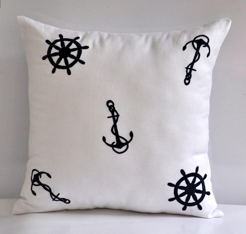 Sailing Decorative Pillow 18 x 18, Navy Nautical Decor, Accent Pillow White, Linen Pillow, Throw Pillow Cover, Cushion Cover for Couch